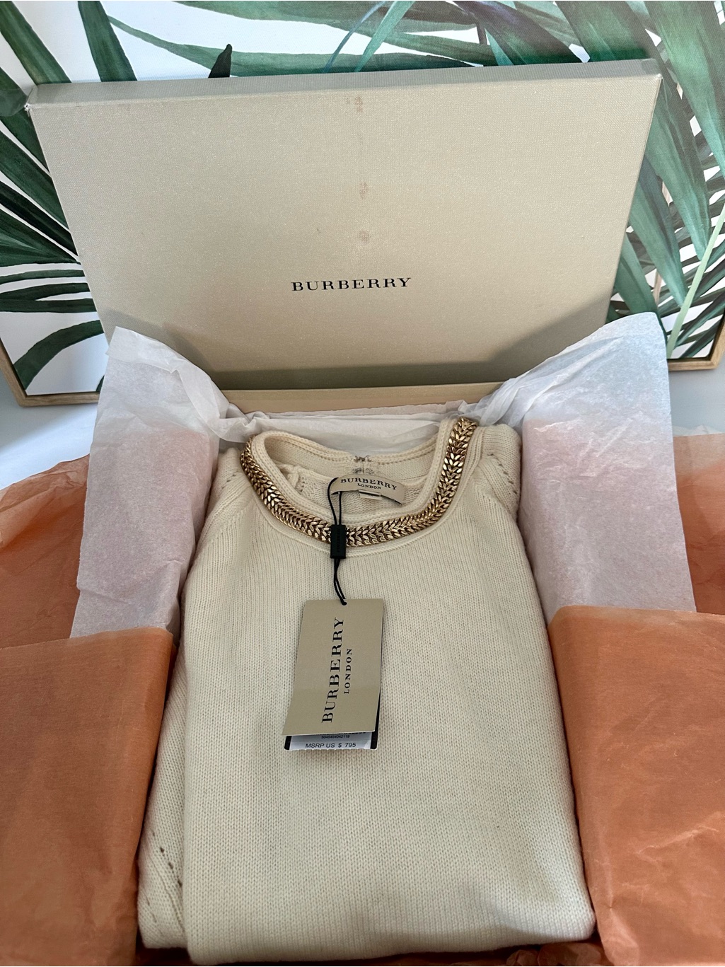 Nwt- Burberry Cream Sweater With Gold Chain Trim